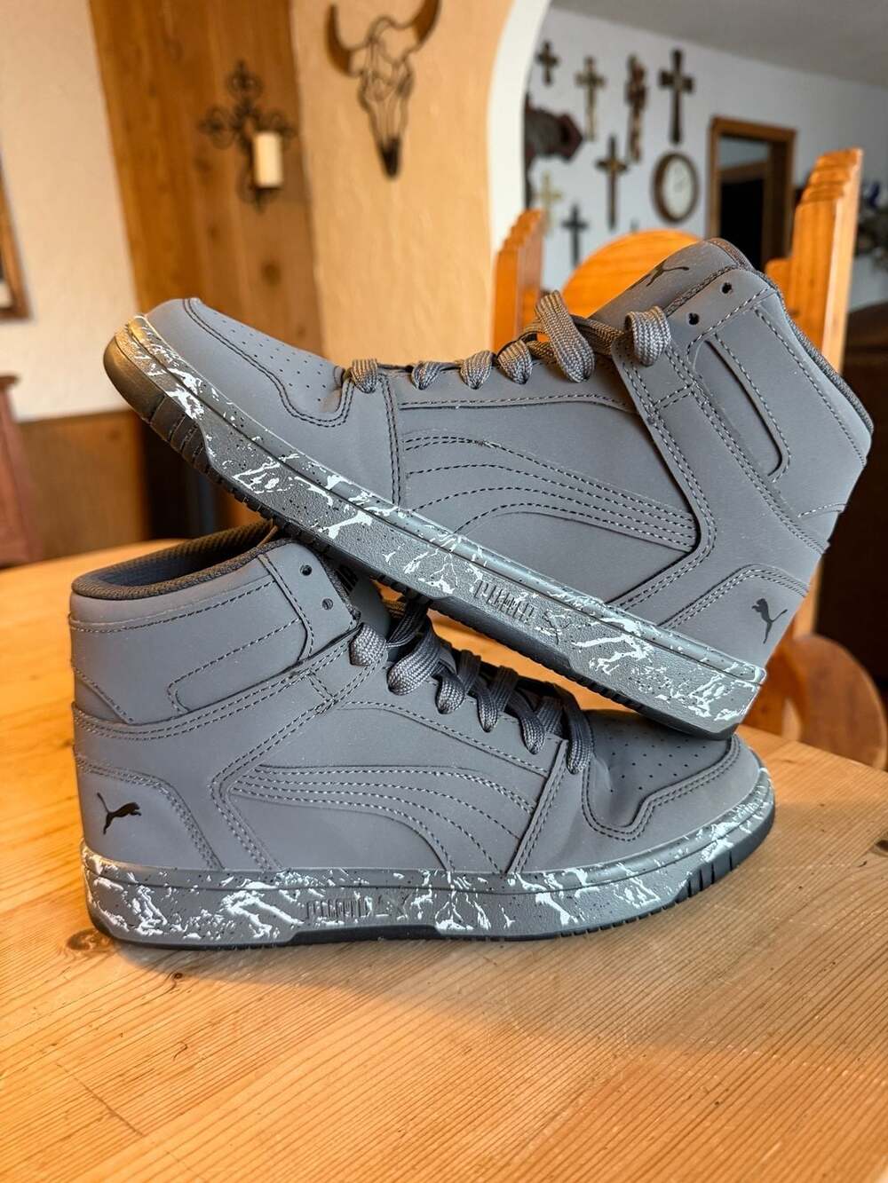 Puma Rebound Layup Size 6 Grey Marble High Top Sneakers